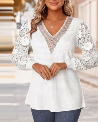 Elegant V-Neck Lace Long-Sleeved T-Shirt