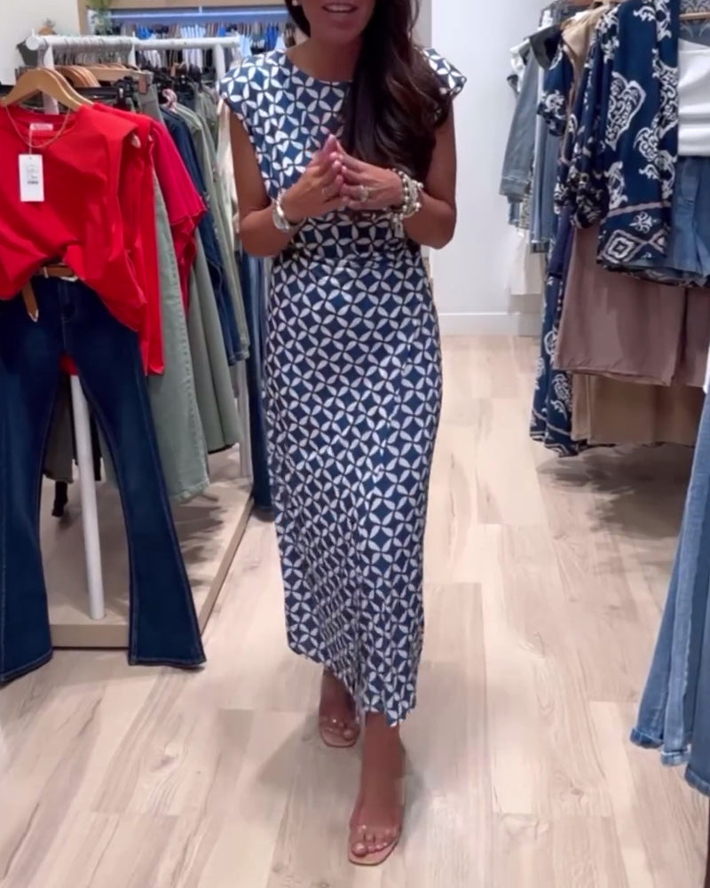 Geometric print round neck sleeveless elegant dress