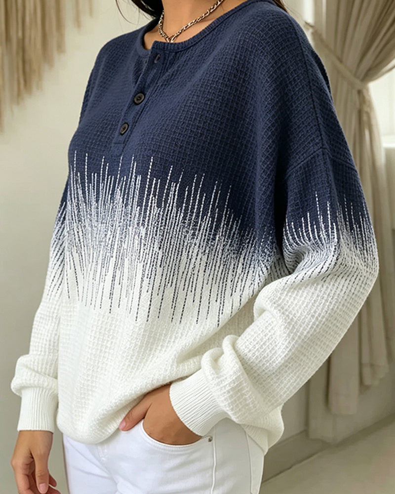 Crewneck Button Waffle Knit Color Block Sweatshirt