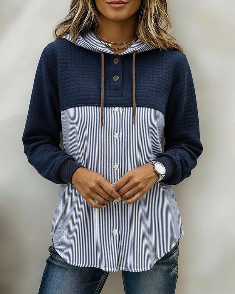 Buttoned Hooded Vertical Stripe Patchwork Shirt