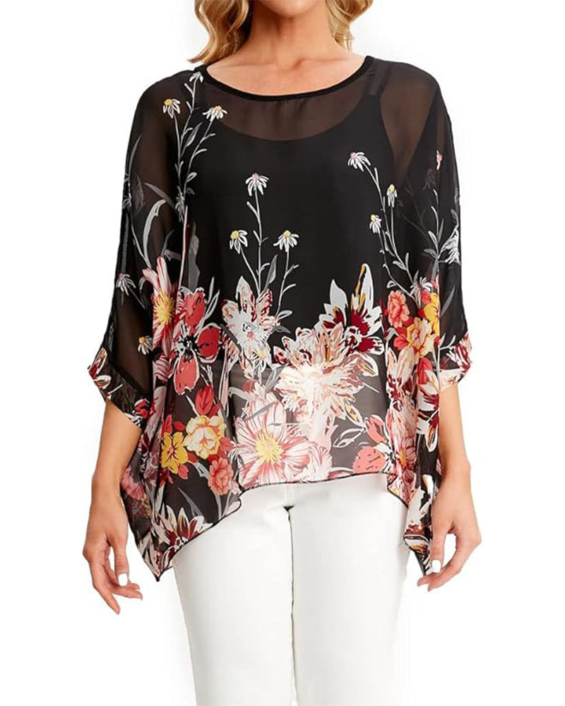 Three-Quarter Sleeve Loose Printed Irregular Blouse