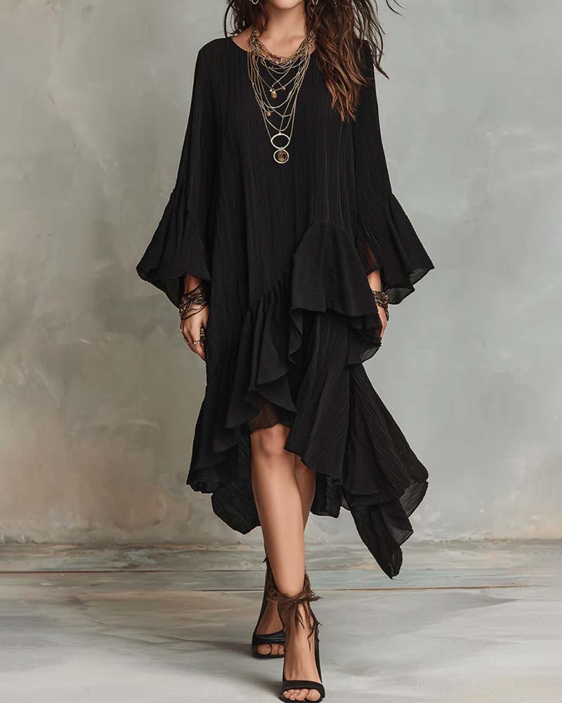 Round Neck Irregular Ruffle Dress