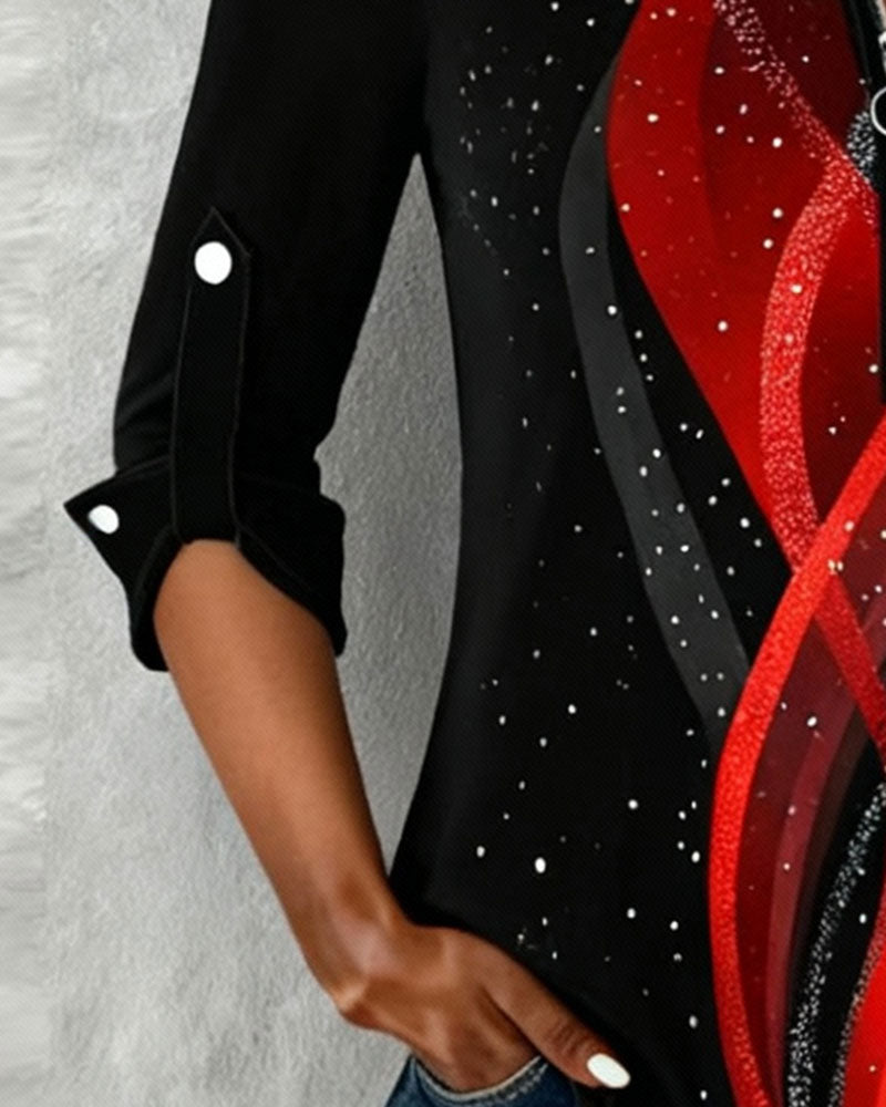 Half-Zip Long-Sleeved Printed Top