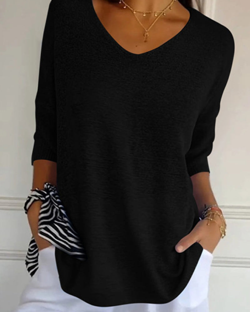 💖 Solid Color Knitted Top With V-Neck