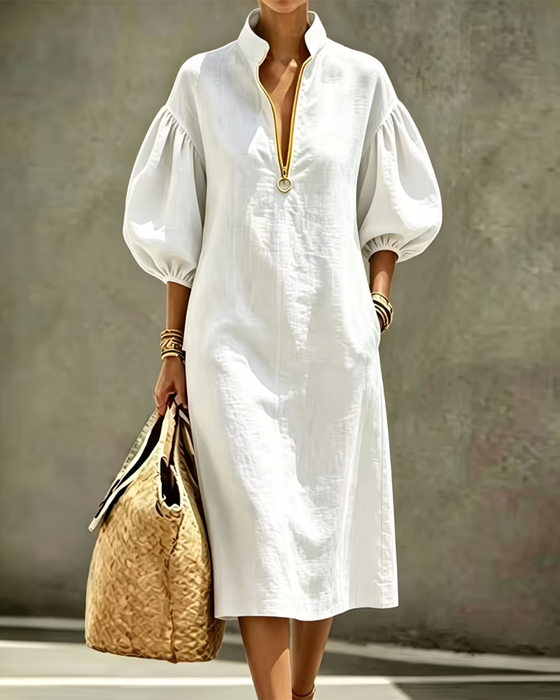 Lantern Sleeve Half-Zip Shirt Dress