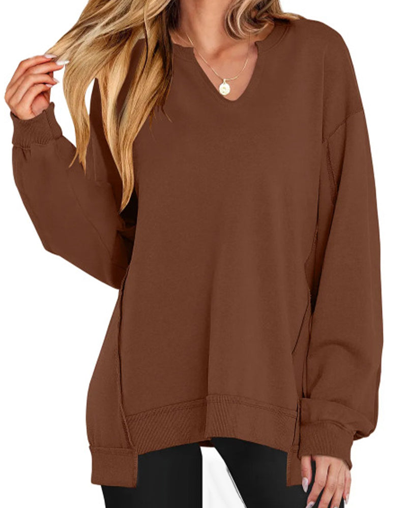 V-Neck Solid Color Loose Sweatshirt