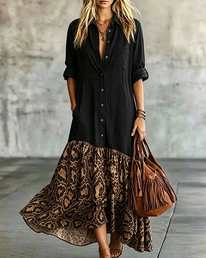 Lapel Buttoned Leopard Print Dress