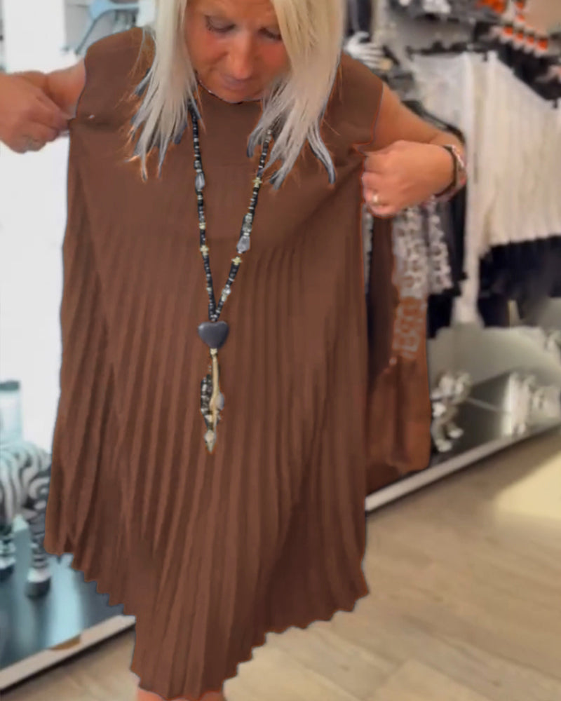 Aumora Round neck solid color pleated casual dress