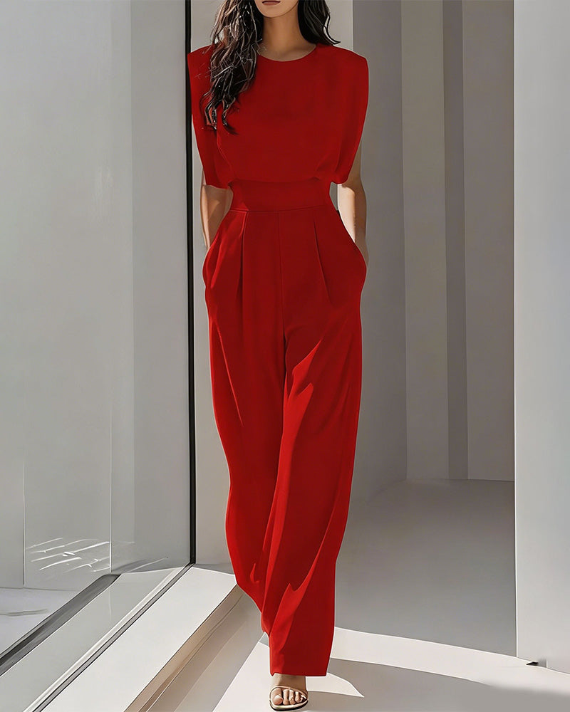 Solid Casual Belted Jumpsuit