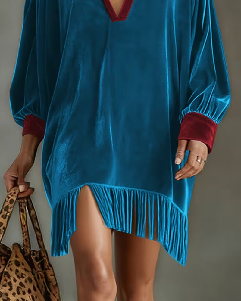V-Neck Lapel Contrast Fringe Dress