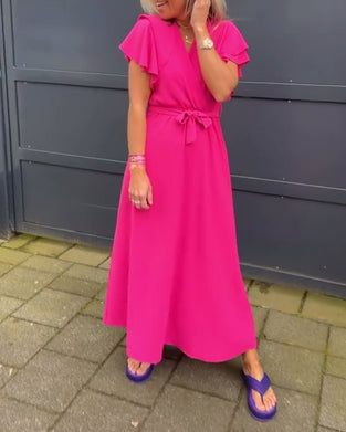 Solid Color Ruffle Sleeve Tie Long Dress