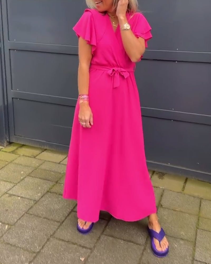 Solid Color Ruffle Sleeve Tie Long Dress