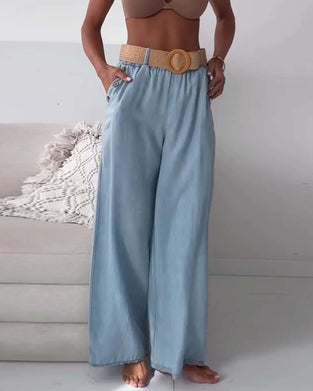 Washed Denim Wide-Leg Pants