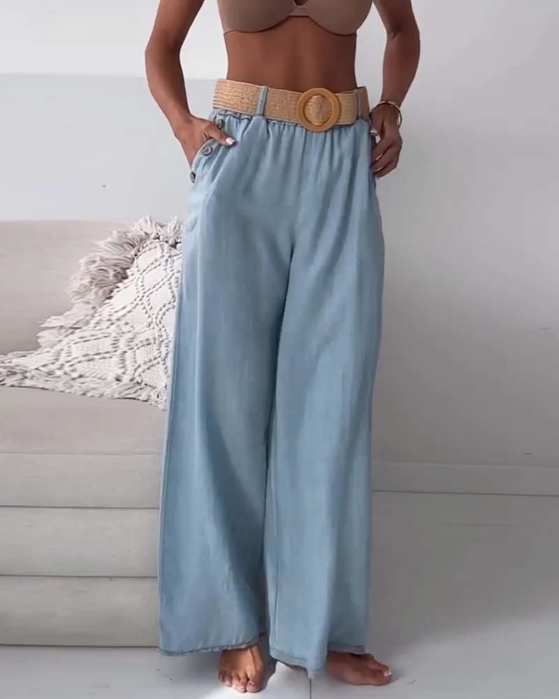 Washed Denim Wide-Leg Pants