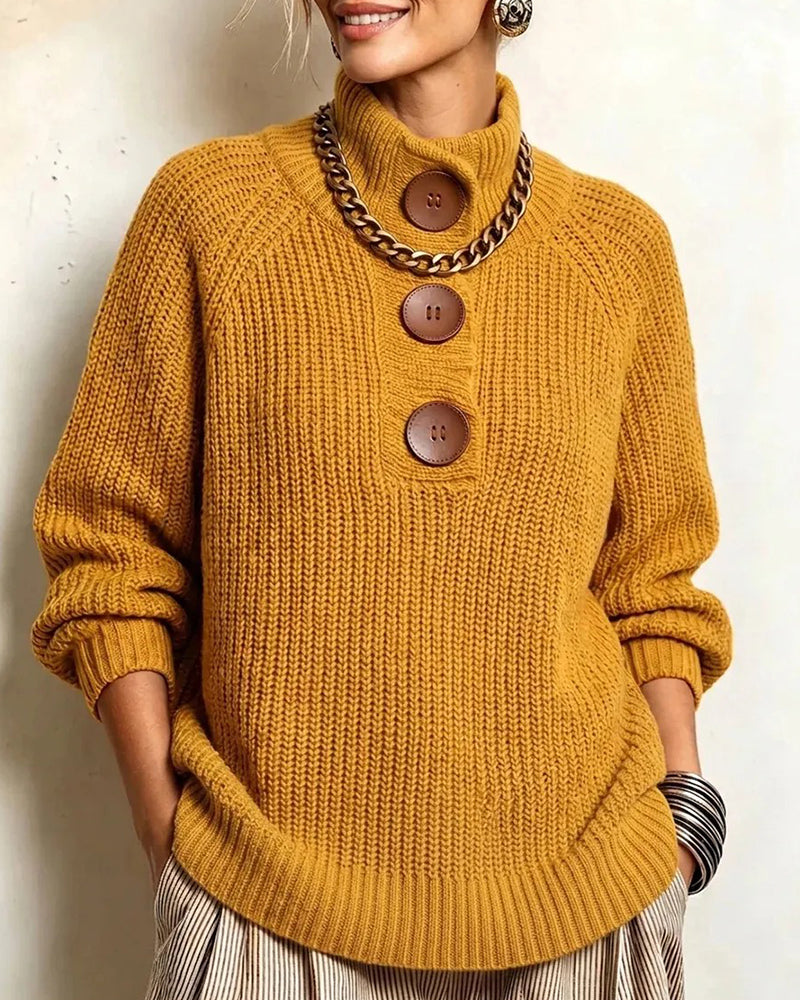 Turtleneck Buttoned Raglan Sleeves Pullover