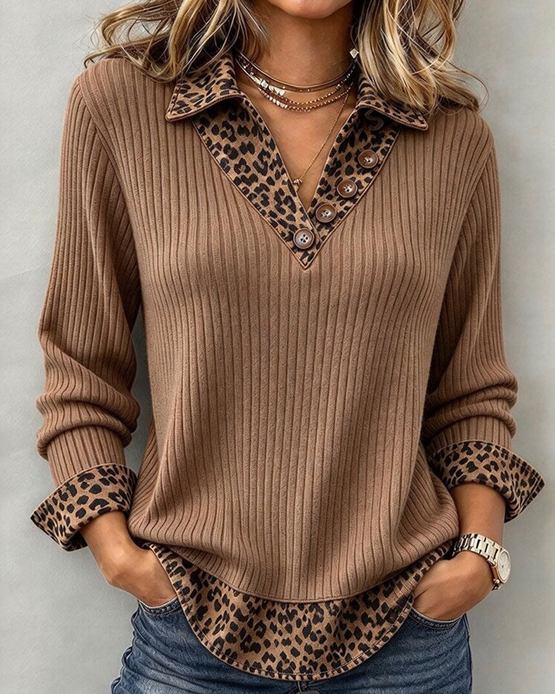 Leopard Print Patchwork Fake Two-Piece Ribbed Top