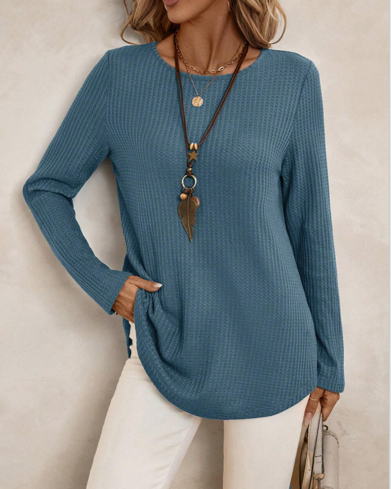 Round Neck Long Sleeve Solid Color Top