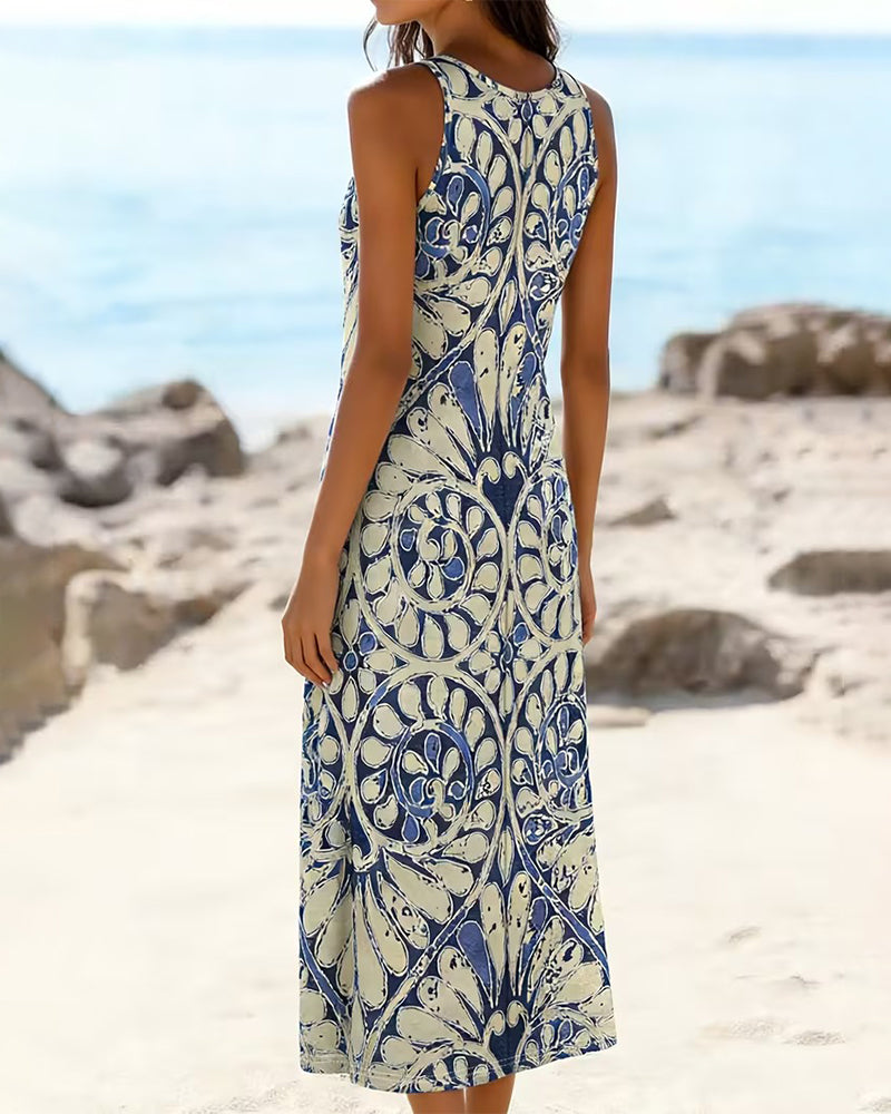 Vintage Crewneck Print Sleeveless Dresses