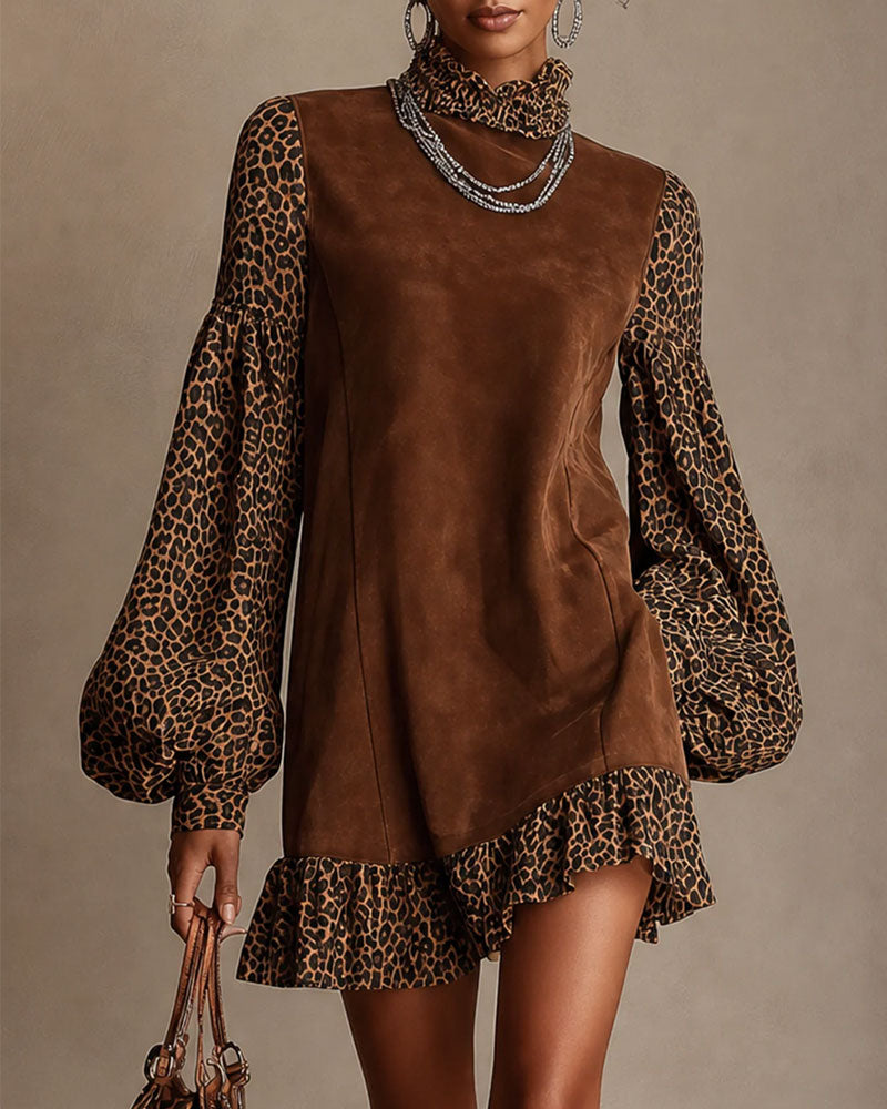 Leopard Print Lantern Sleeve Ruffled Straight Mini Dress