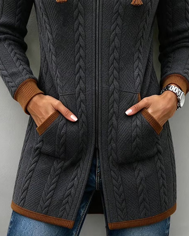 Color Block Cable Hooded Zipped Coat