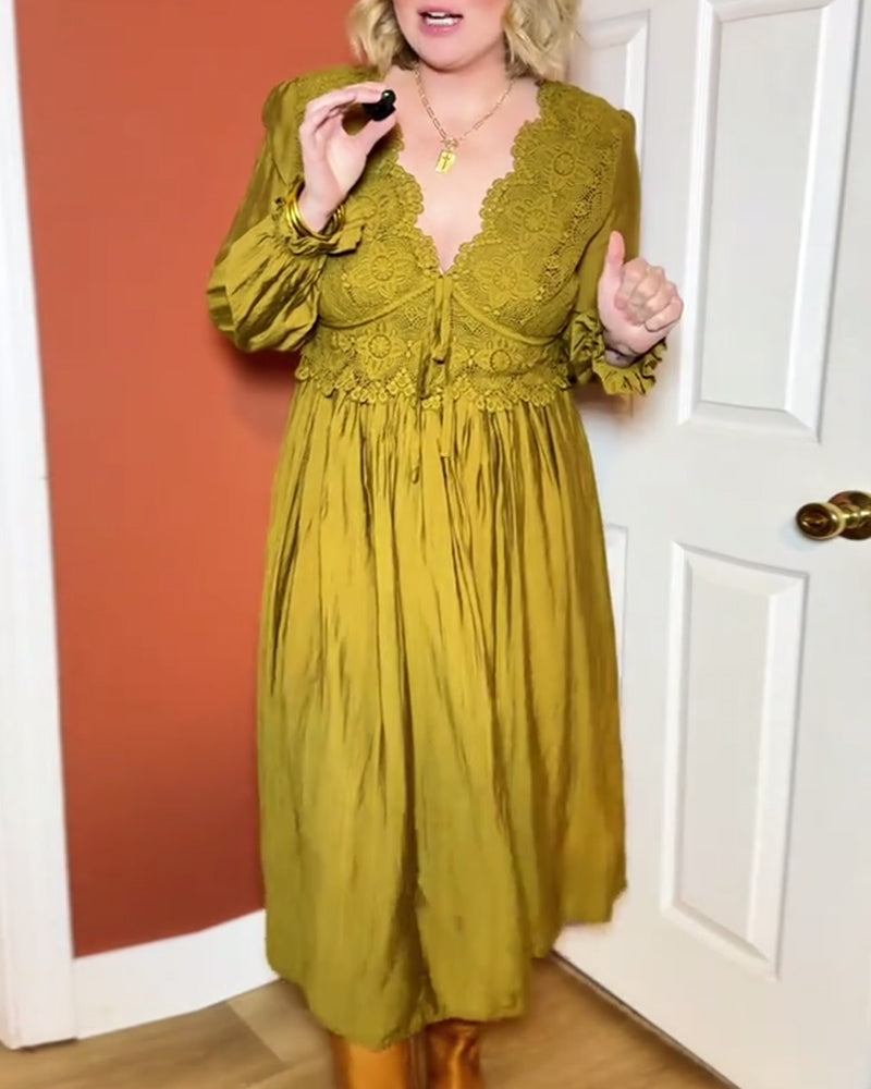 Elegant V-Neck Lace Ruched Dress