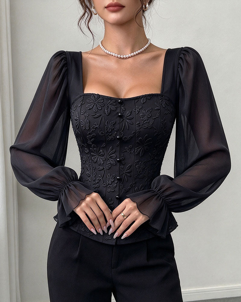 Square Collar Button Ruffle Blouse