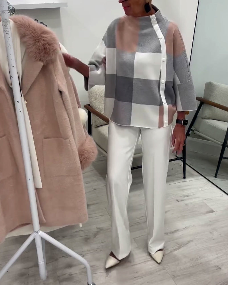 Plaid Long-Sleeved Turtleneck Pullover