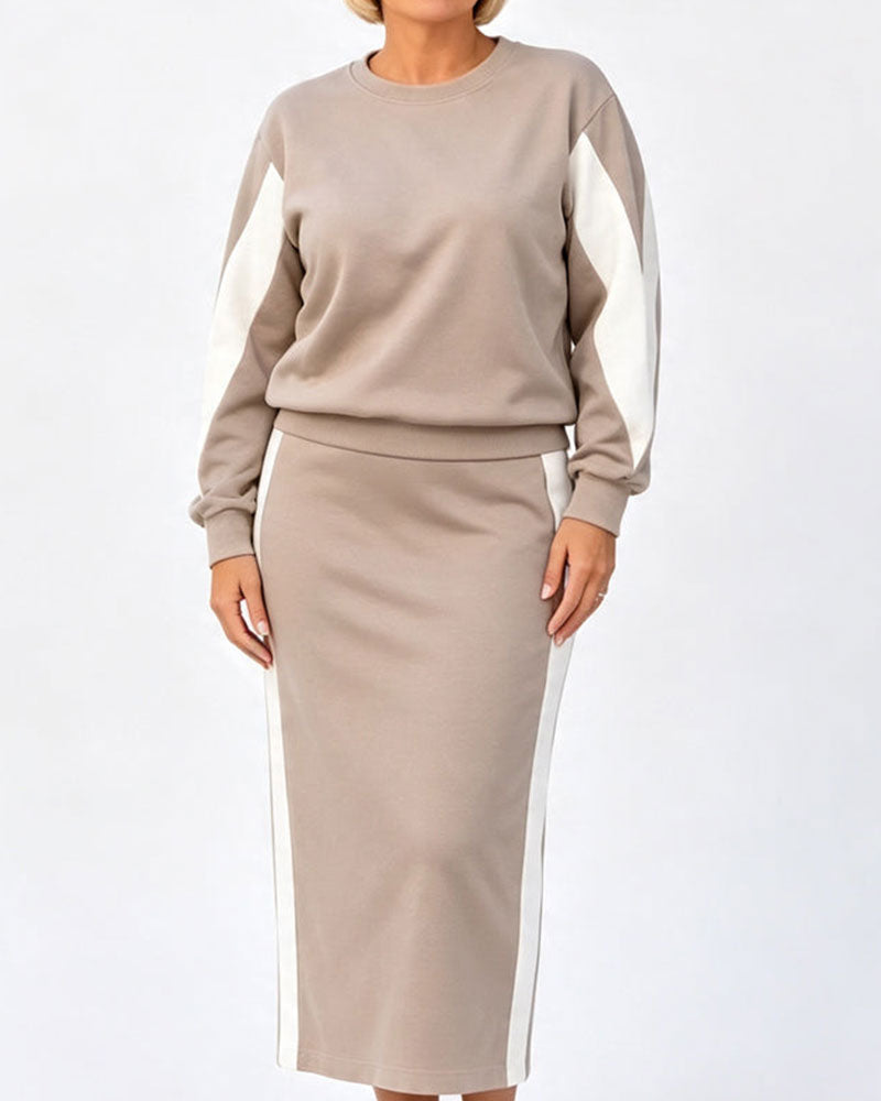 Crew Neck Color-Block Skirt Set