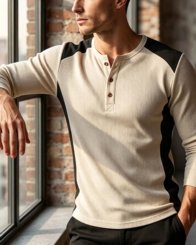 Two-Tone Crewneck Buttoned Top