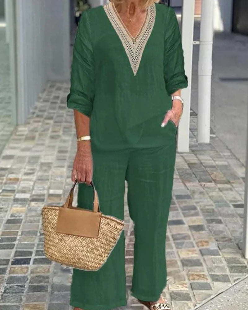 V-Neck Long Sleeve Casual Two-Piece Set