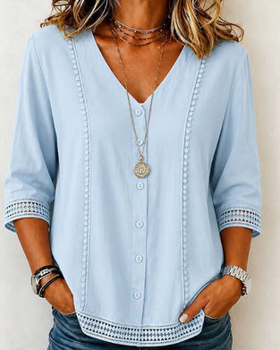 V-neck Button Lace Hollow-out Solid Color Blouse