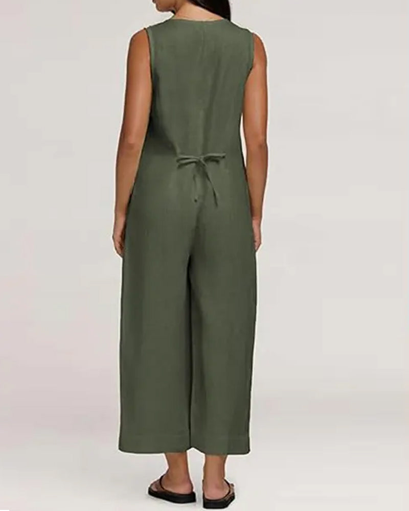 V-Neck Single-Breasted Sleeveless Jumpsuit