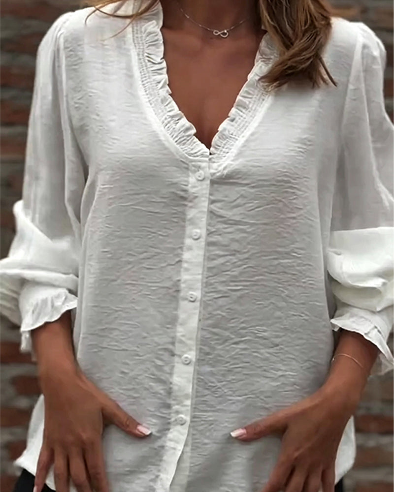 V-Neck Button Front Ruffle Puff Sleeve Blouse