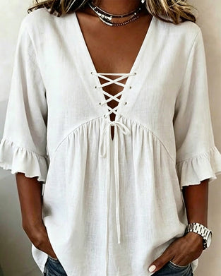 Solid V-Neck Ruffle Blouse