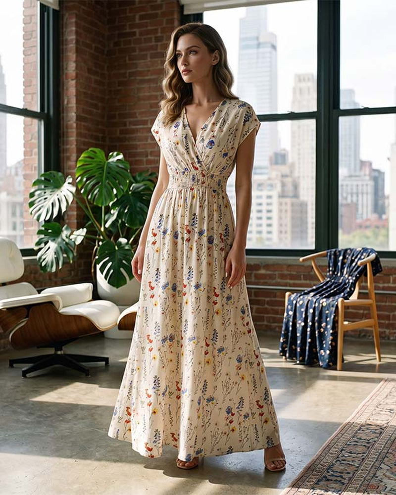 Casual V-Neck Print Maxi Dress