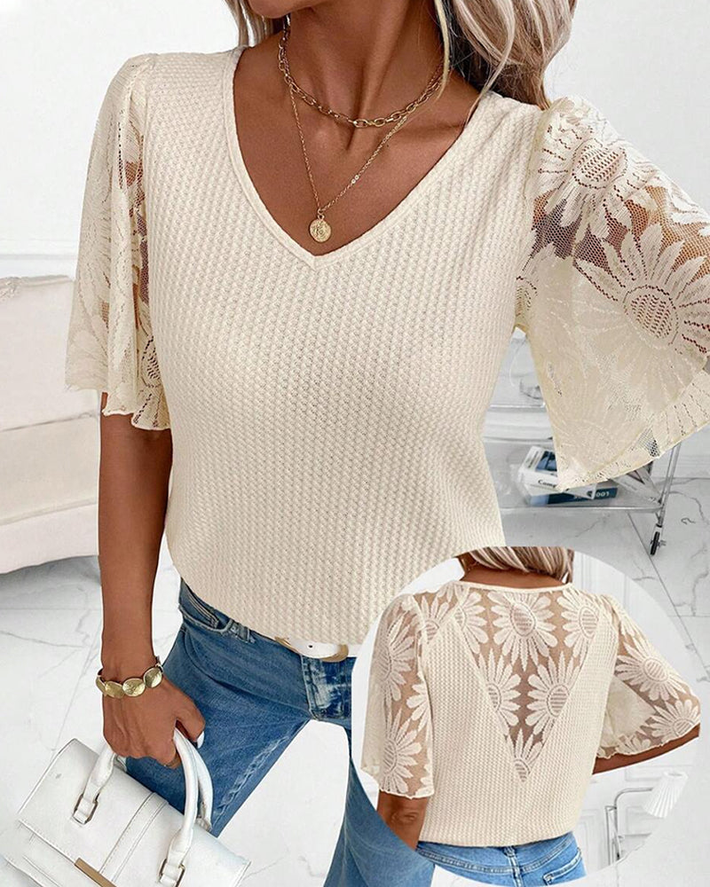 Lace Spliced Sleeve V-Neck Blouse