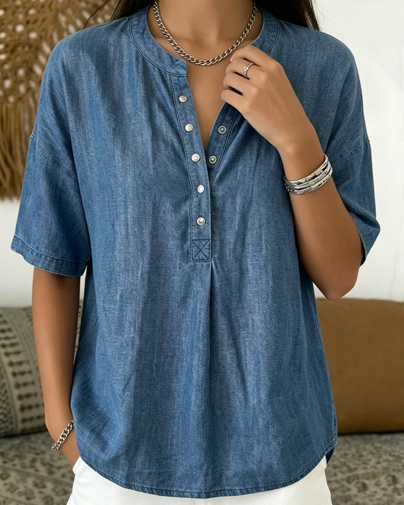 Denim Button-Down Short-Sleeved Shirt