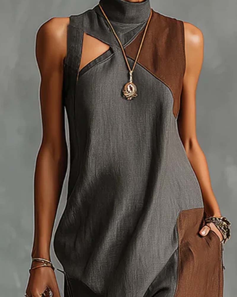 High Neck Asymmetric Patchwork Sleeveless Dress