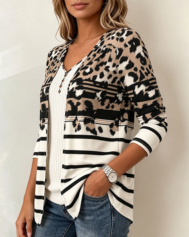 V-Neck Striped Leopard Print Fake Two-Piece Top