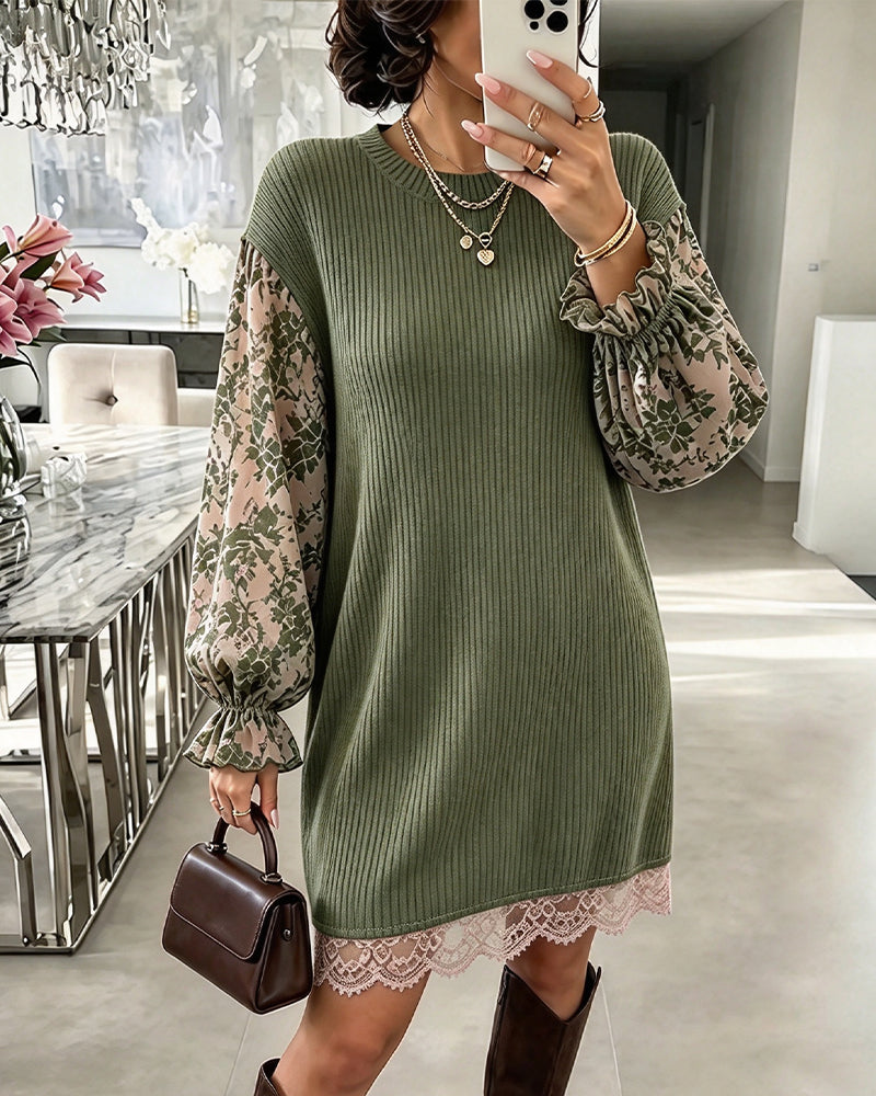 Crew Neck Ribbed Lace Patchwork Ruffle Dress