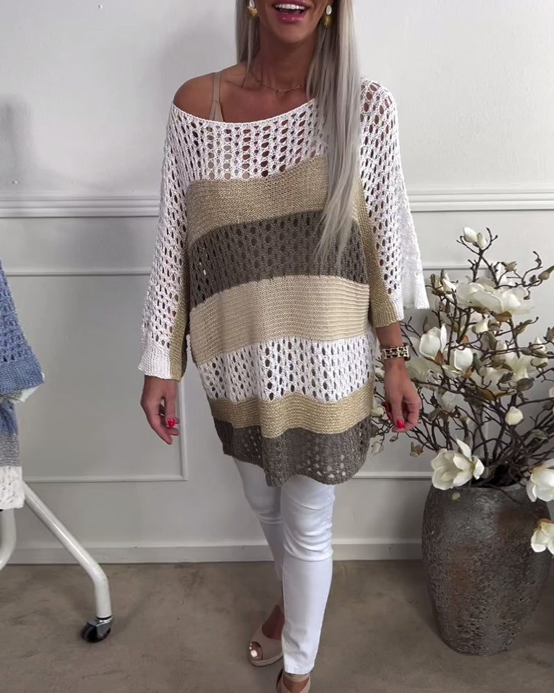 Casual color block hollow long sleeve pullover