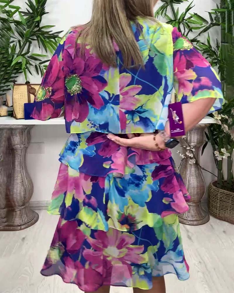 Floral print round neck ruffled half-sleeve dress
