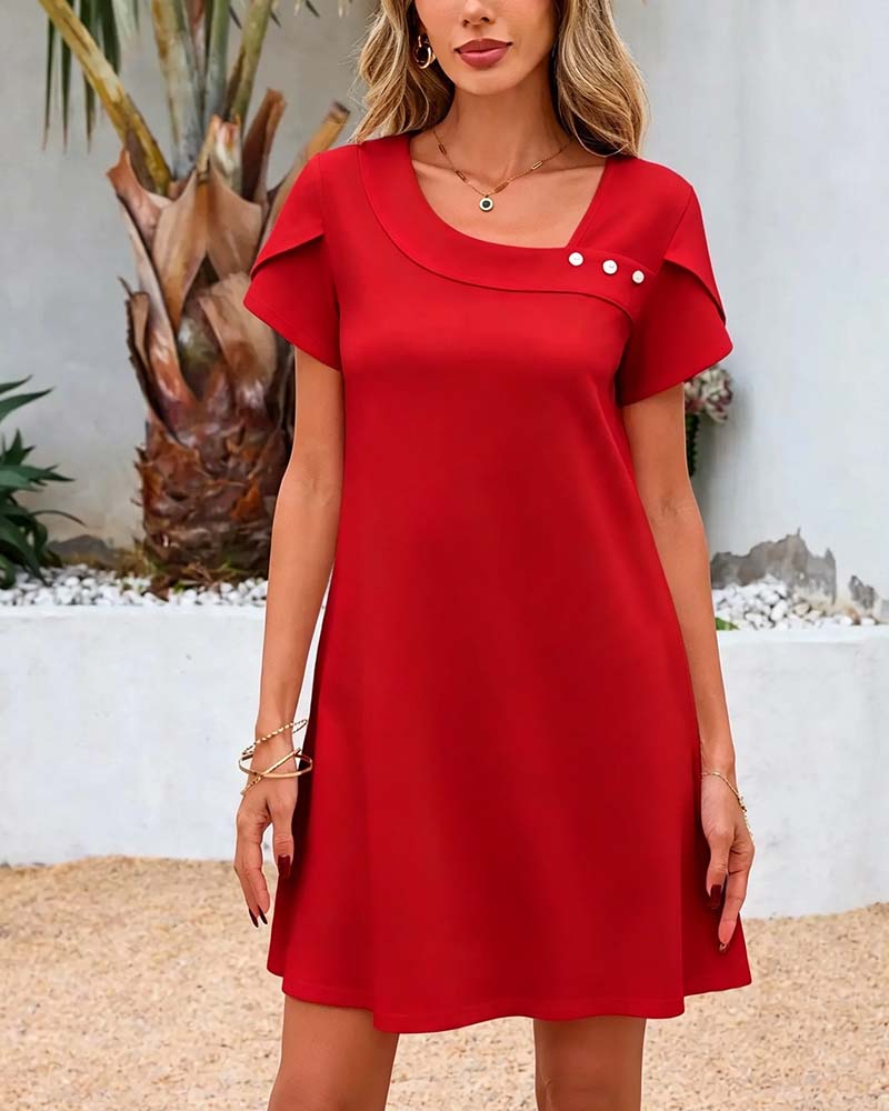 Asymmetric Neck Button Short-Sleeve Solid Dress