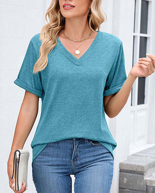 Solid V-Neck Casual Short Sleeve T-Shirt