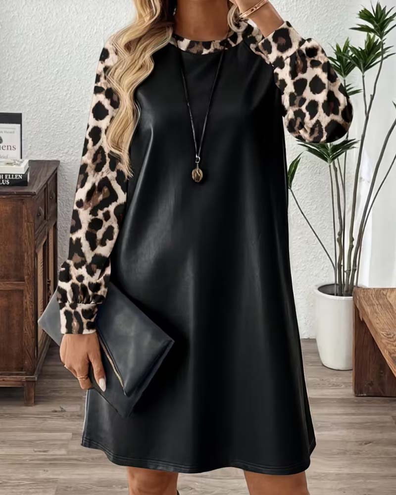 Crew-Neck Leopard Patchwork Dress