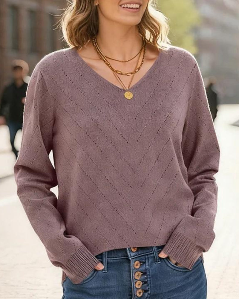 🔥Hot Sale Deals-V-Neck Pointelle Knit Pullover Sweat