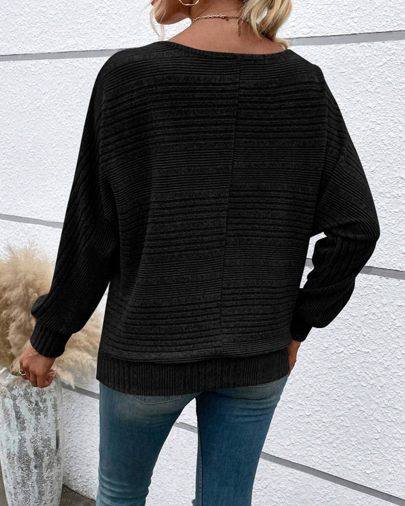 Solid Color Round Neck Long Sleeve Striped Top