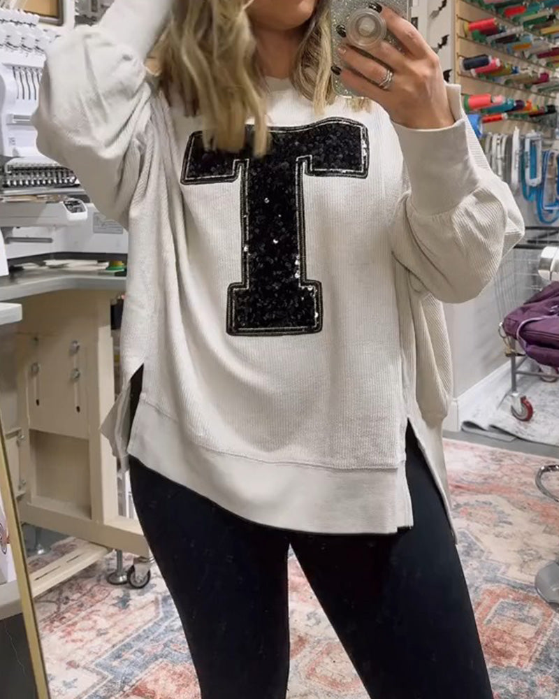 T-Design Sequin Embroidered Crew Neck Sweatshirt
