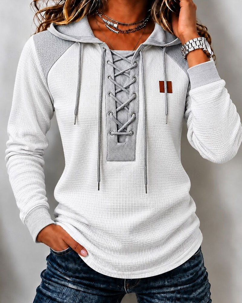Hooded Lace-Up Spliced Hoodie