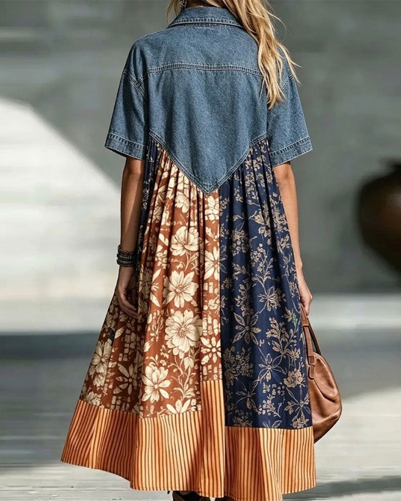 Shirt Collar Floral Contrast Denim Patchwork Dress
